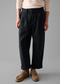 Trousers-TOAST Bill Cotton Wide Leg Trousers DarkNavy