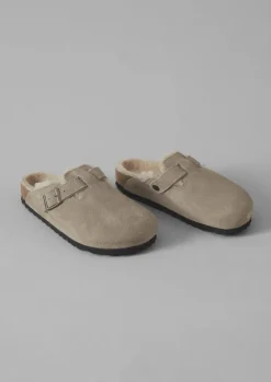 Slippers|Nightwear-TOAST Birkenstock Boston Suede Shearling Clogs Taupe