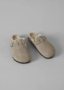Slippers|Nightwear-TOAST Birkenstock Boston Suede Shearling Clogs Taupe