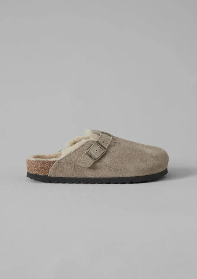 Slippers|Nightwear-TOAST Birkenstock Boston Suede Shearling Clogs Taupe