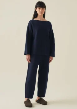Loungewear|Trousers-TOAST Boiled Wool Pull On Trousers Navy