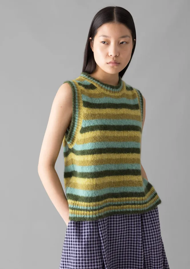 Knitwear-TOAST Brushed Alpaca Blend Stripe Tank OliveMulti