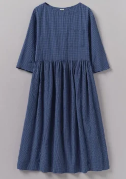 Loungewear|Dresses-TOAST Check Crinkle Cotton Boat Neck Dress Cobalt