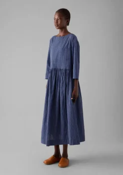Loungewear|Dresses-TOAST Check Crinkle Cotton Boat Neck Dress Cobalt