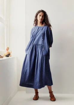 Loungewear|Dresses-TOAST Check Crinkle Cotton Boat Neck Dress Cobalt