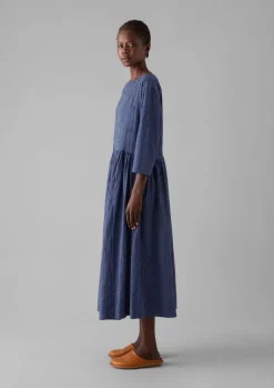 Loungewear|Dresses-TOAST Check Crinkle Cotton Boat Neck Dress Cobalt