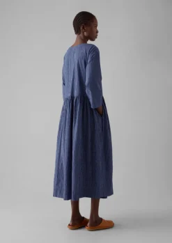 Loungewear|Dresses-TOAST Check Crinkle Cotton Boat Neck Dress Cobalt