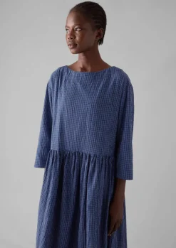 Loungewear|Dresses-TOAST Check Crinkle Cotton Boat Neck Dress Cobalt