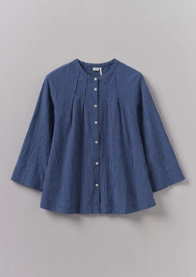 Loungewear|Tops & Tees-TOAST Check Crinkle Cotton Tie Shirt Cobalt