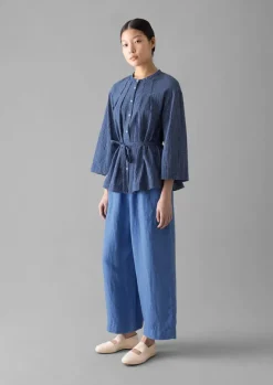 Loungewear|Tops & Tees-TOAST Check Crinkle Cotton Tie Shirt Cobalt
