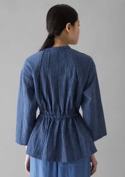Loungewear|Tops & Tees-TOAST Check Crinkle Cotton Tie Shirt Cobalt