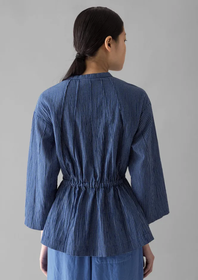 Loungewear|Tops & Tees-TOAST Check Crinkle Cotton Tie Shirt Cobalt