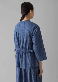 Loungewear|Tops & Tees-TOAST Check Crinkle Cotton Tie Shirt Cobalt