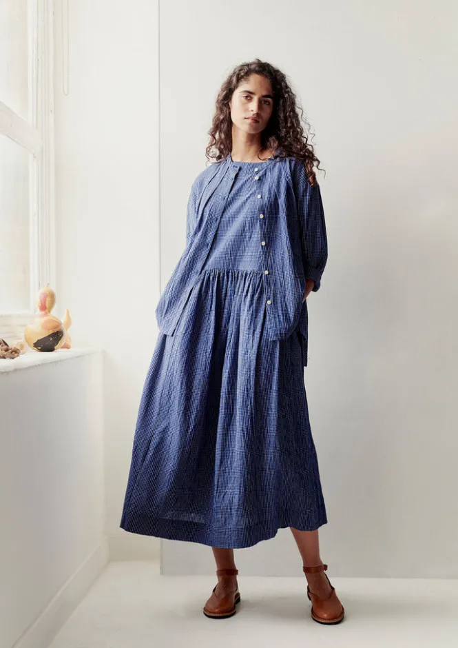 Loungewear|Tops & Tees-TOAST Check Crinkle Cotton Tie Shirt Cobalt