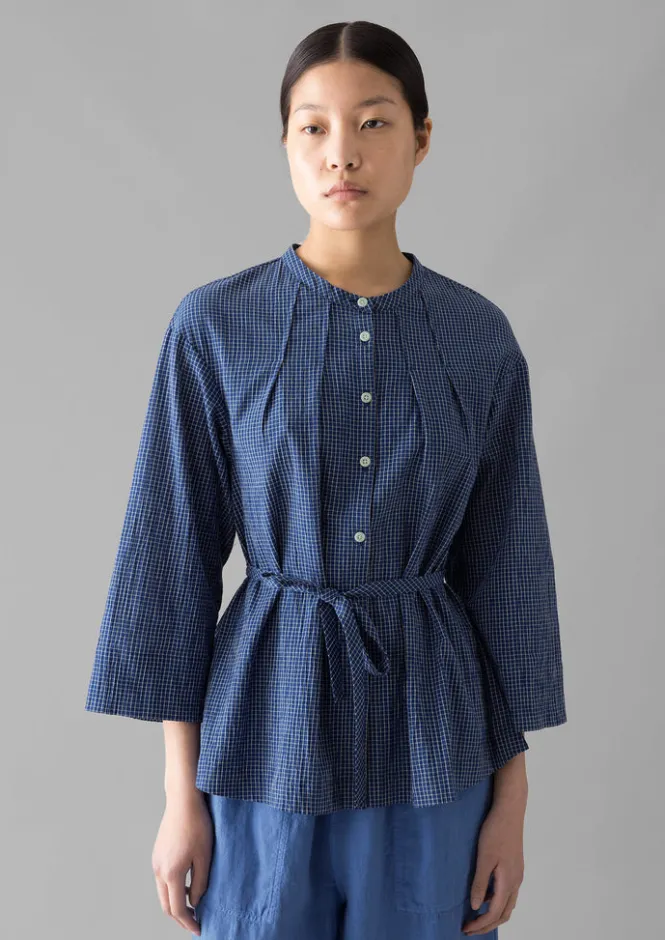 Loungewear|Tops & Tees-TOAST Check Crinkle Cotton Tie Shirt Cobalt