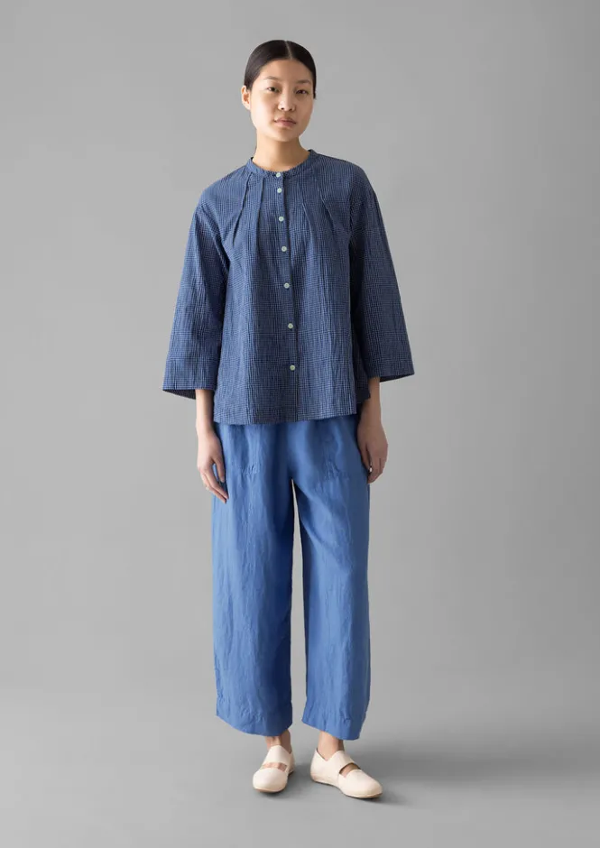 Loungewear|Tops & Tees-TOAST Check Crinkle Cotton Tie Shirt Cobalt