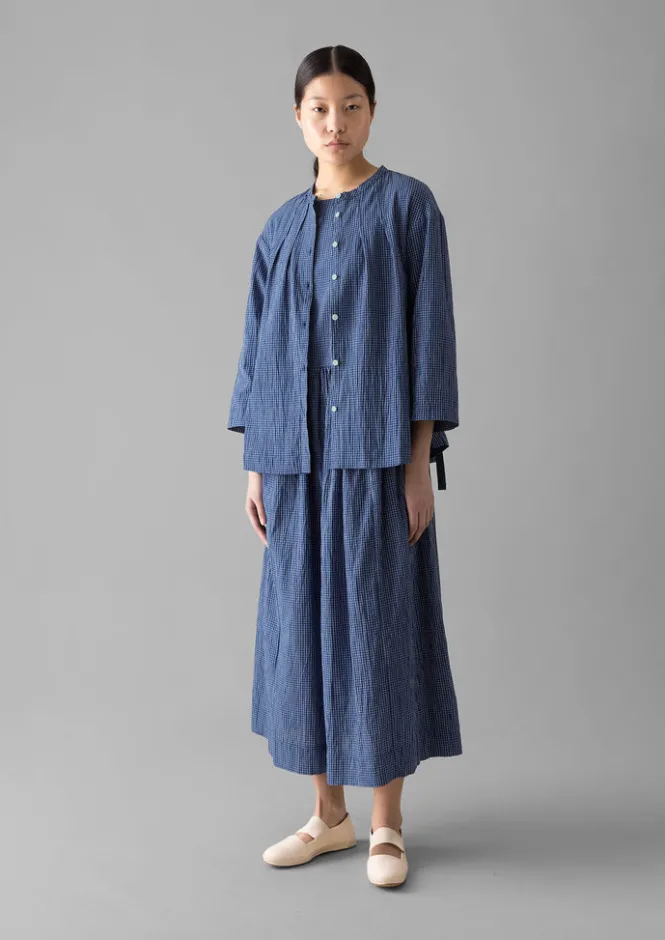 Loungewear|Tops & Tees-TOAST Check Crinkle Cotton Tie Shirt Cobalt