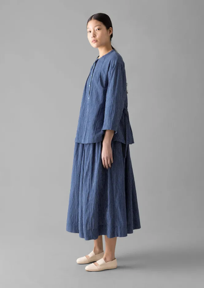 Loungewear|Tops & Tees-TOAST Check Crinkle Cotton Tie Shirt Cobalt