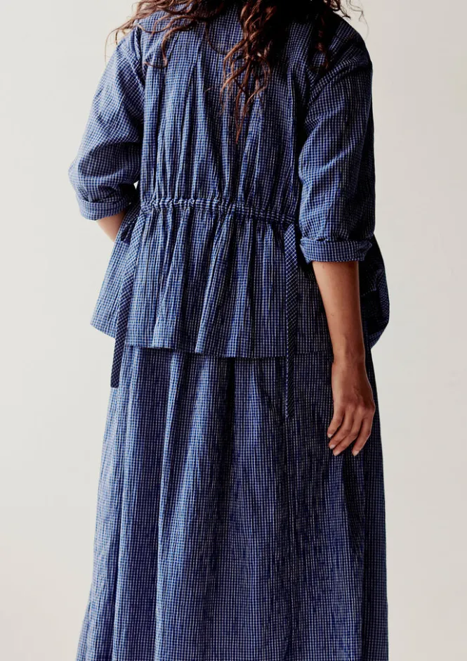 Loungewear|Tops & Tees-TOAST Check Crinkle Cotton Tie Shirt Cobalt