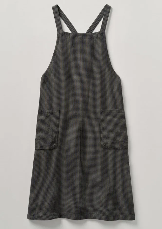 Aprons & Tea Towels-TOAST Check Linen Crossback Pinafore Apron Navy/Chestnut