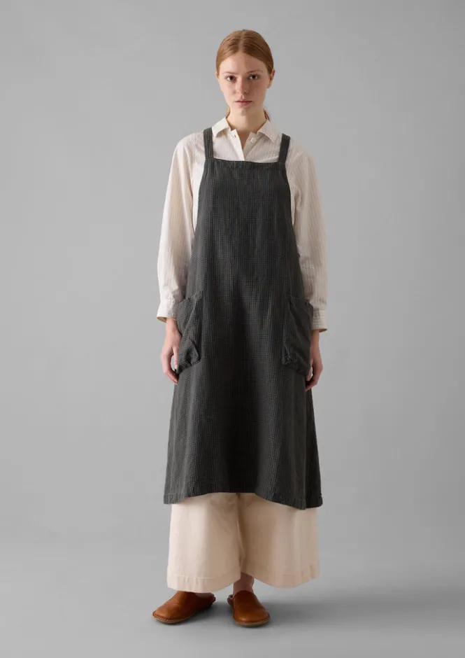Aprons & Tea Towels-TOAST Check Linen Crossback Pinafore Apron Navy/Chestnut