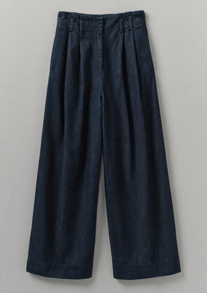 Denim|Workwear-TOAST Cotton Hemp Denim Wide Leg Trousers Indigo