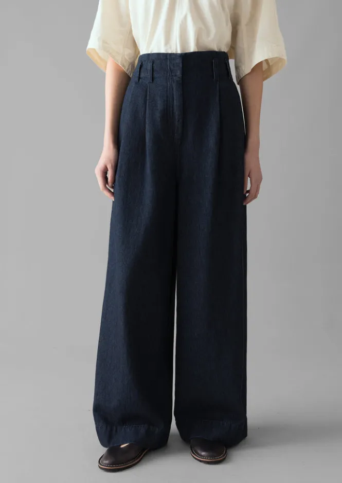 Denim|Workwear-TOAST Cotton Hemp Denim Wide Leg Trousers Indigo