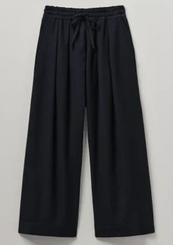 Trousers-TOAST Cotton Wool Herringbone Pull On Trousers DarkNavy