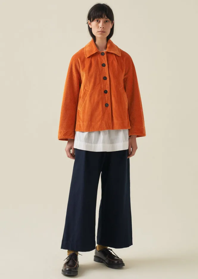 Trousers-TOAST Cotton Wool Herringbone Pull On Trousers DarkNavy