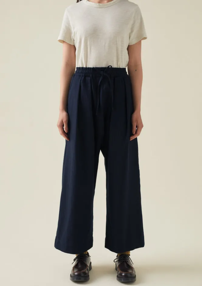 Trousers-TOAST Cotton Wool Herringbone Pull On Trousers DarkNavy
