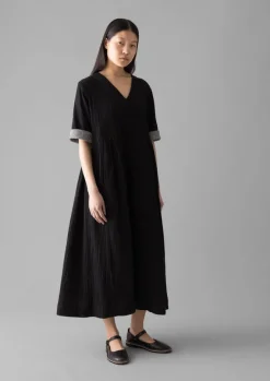 Loungewear|Dresses-TOAST Crinkled Cotton V-Neck Dress Black