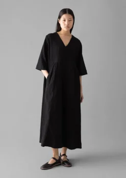 Loungewear|Dresses-TOAST Crinkled Cotton V-Neck Dress Black