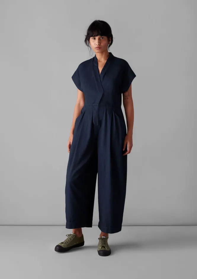 Jumpsuits|Trousers-TOAST Cross Front Twill Jumpsuit Indigo