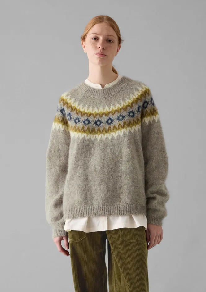 Knitwear-TOAST Fair Isle Yoke Mohair Blend Easy Sweater GreenMulti