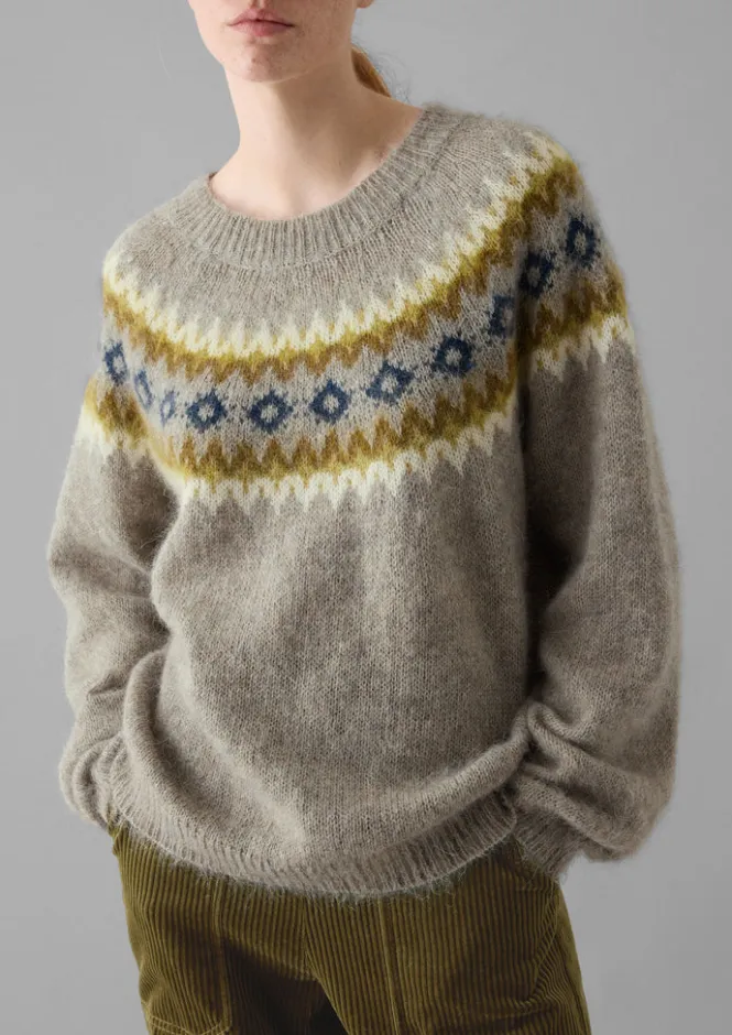 Knitwear-TOAST Fair Isle Yoke Mohair Blend Easy Sweater GreenMulti