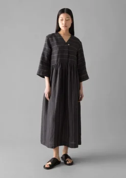 Linen|Loungewear-TOAST Fine Stripe Linen V-Neck Dress Onyx