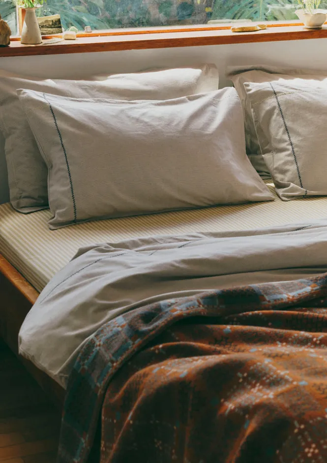 Textiles|Bed Linen-TOAST Fine Stripe Organic Cotton Oxford Pillowcase Set Ecru/SmokeBlue