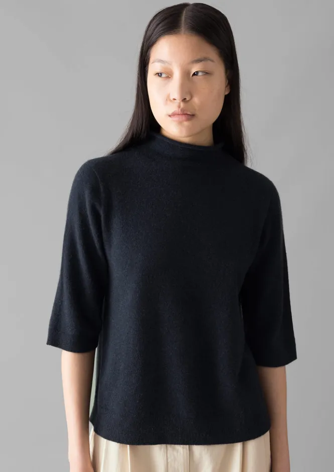Cashmere|Knitwear-TOAST Fine Wool Cashmere Half Sleeve Sweater DarkestNavy