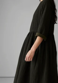 Loungewear|Dresses-TOAST Freya Crinkle Organic Cotton Dress DarkestOlive
