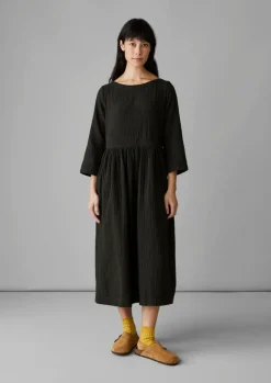 Loungewear|Dresses-TOAST Freya Crinkle Organic Cotton Dress DarkestOlive