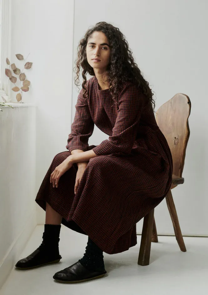 Loungewear|Dresses-TOAST Freya Gingham Crinkle Cotton Dress Brick/Black