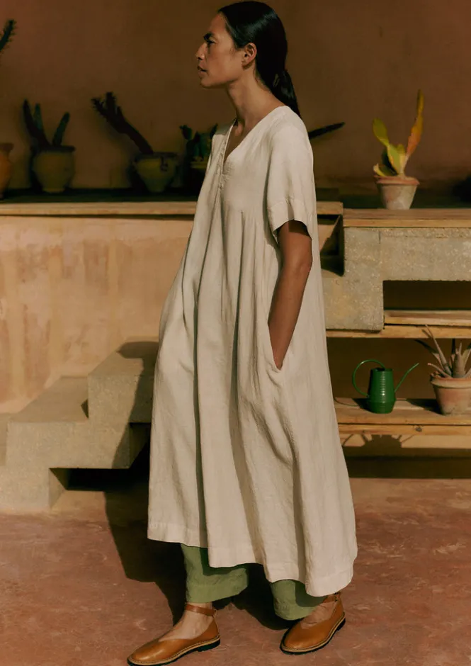 Linen|Loungewear-TOAST Garment Dyed Linen V-Neck Dress Stone