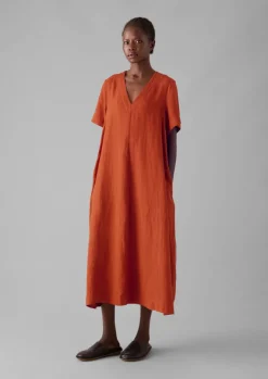 Linen|Loungewear-TOAST Garment Dyed Linen V-Neck Dress RooibosRed