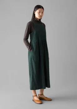 Loungewear|Dresses-TOAST Gathered Waist Crinkled Cotton Dress OilGreen