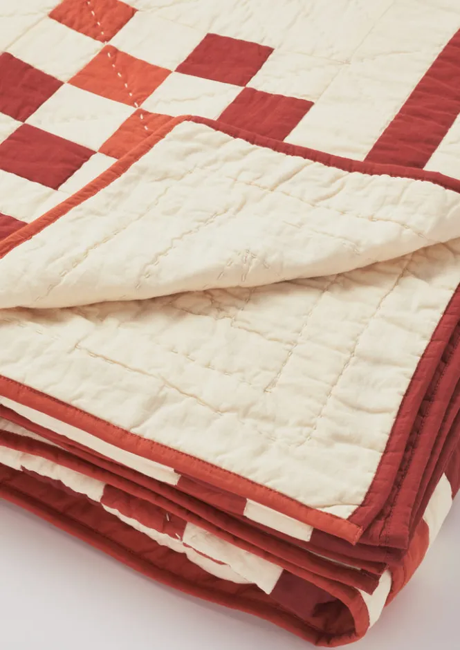 Textiles|Blankets & Throws-TOAST Geo Block Patchwork Cotton Quilt ClayRed/DeepCoral