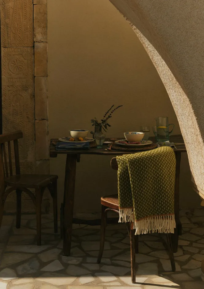 Textiles|Blankets & Throws-TOAST Geo Diamond Wool Blanket Olive/SoftCoral