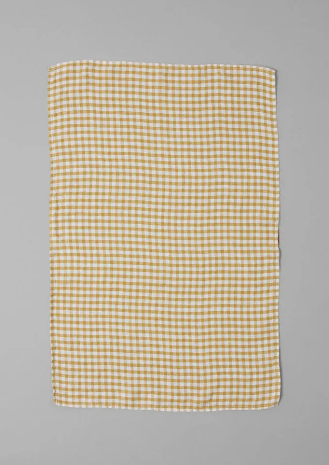 Aprons & Tea Towels-TOAST Gingham Linen Tea Towel Chalk/Ochre