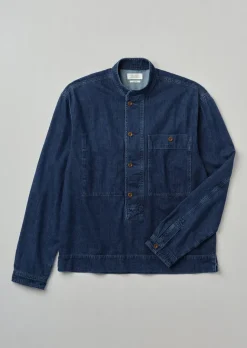 Denim|Workwear-TOAST Grandad Collar Half Placket Denim Shirt Indigo