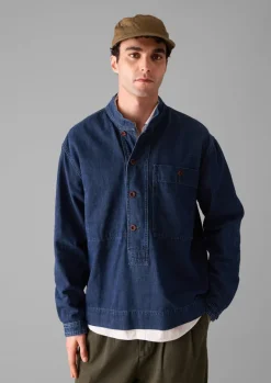 Denim|Workwear-TOAST Grandad Collar Half Placket Denim Shirt Indigo
