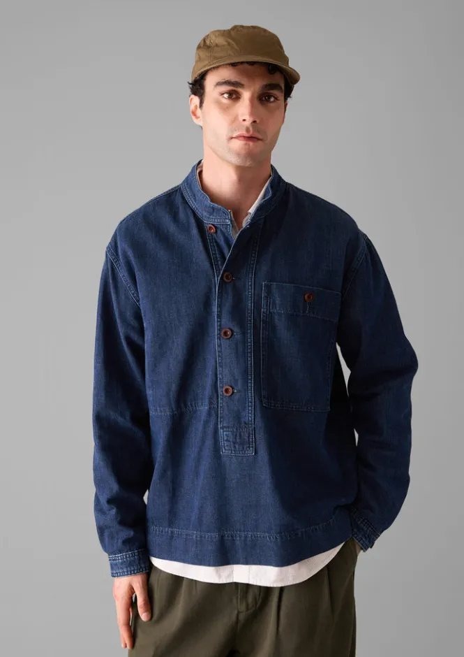 Denim|Workwear-TOAST Grandad Collar Half Placket Denim Shirt Indigo